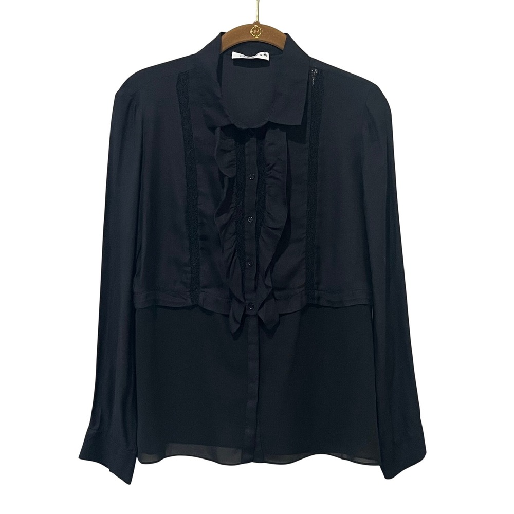 Sandro Paris Black Cody Button Up Shirt Ruffle Lace Trim Sheer Blouse‎ Womens 2
